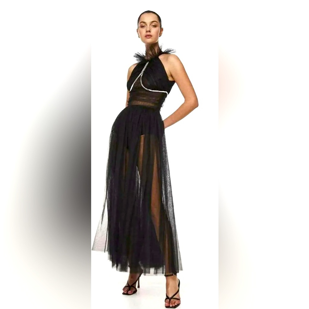 Rachel Gilbert Black Sheer Gown with Halter Neck